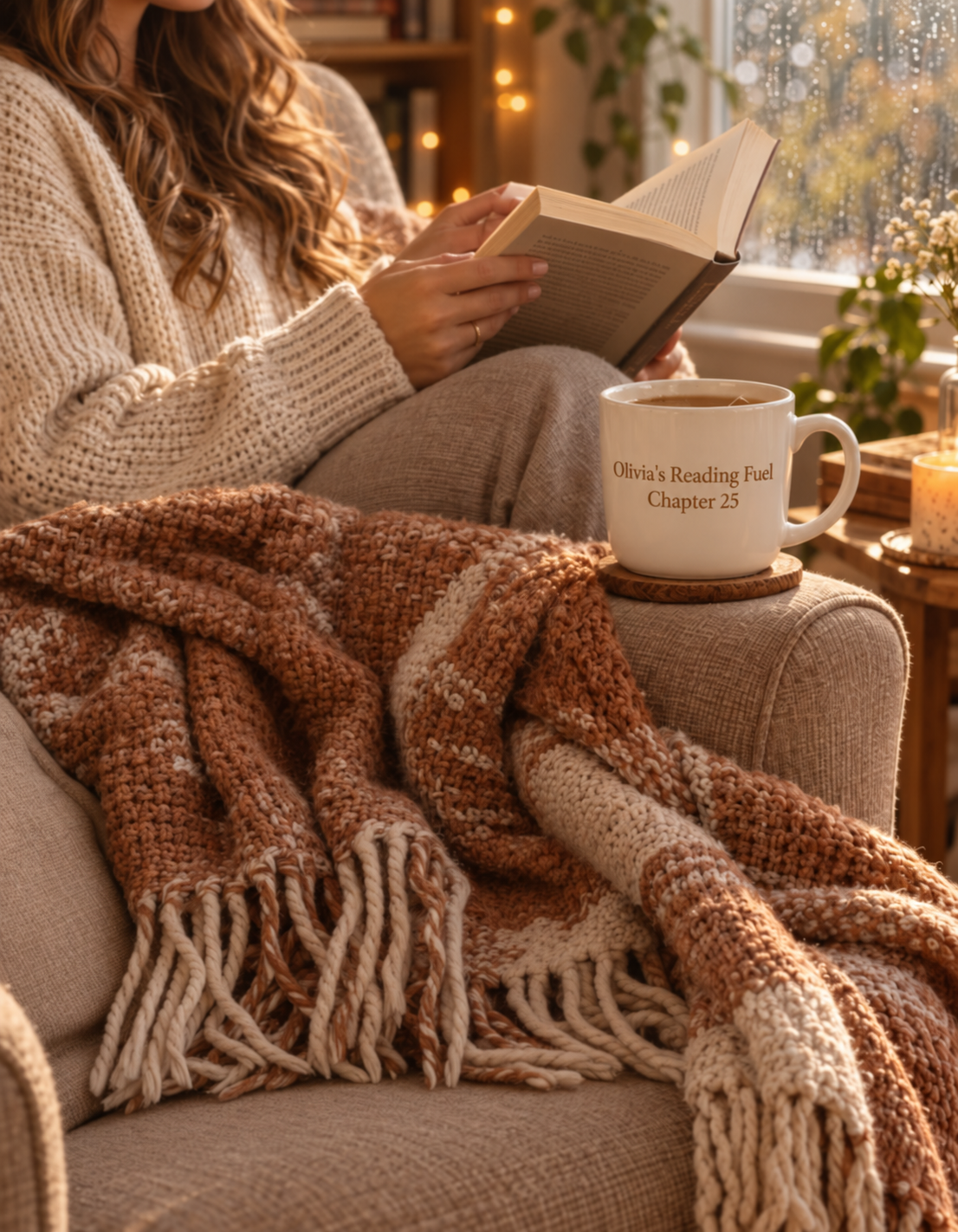 Personalized ceramic mug with custom name and message next to a book on a cozy sofa