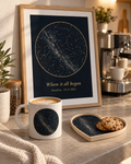 Coffee Corner set: framed star map poster with the matching star map mug and heart tray (shown framed for styling; frame not included — poster ships unframed, rolled in a protective tube)