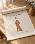 Personalized rolled canvas print with couple names, moon and 'Where it all began' city and year