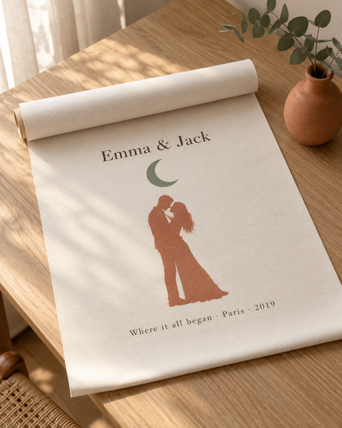 Personalized rolled canvas print with couple names, moon and 'Where it all began' city and year