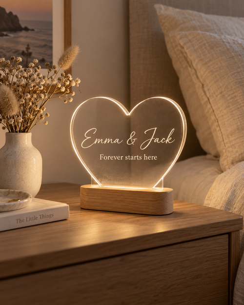 Heart Glow personalized heart acrylic night lamp engraved Emma & Jack on oak LED base