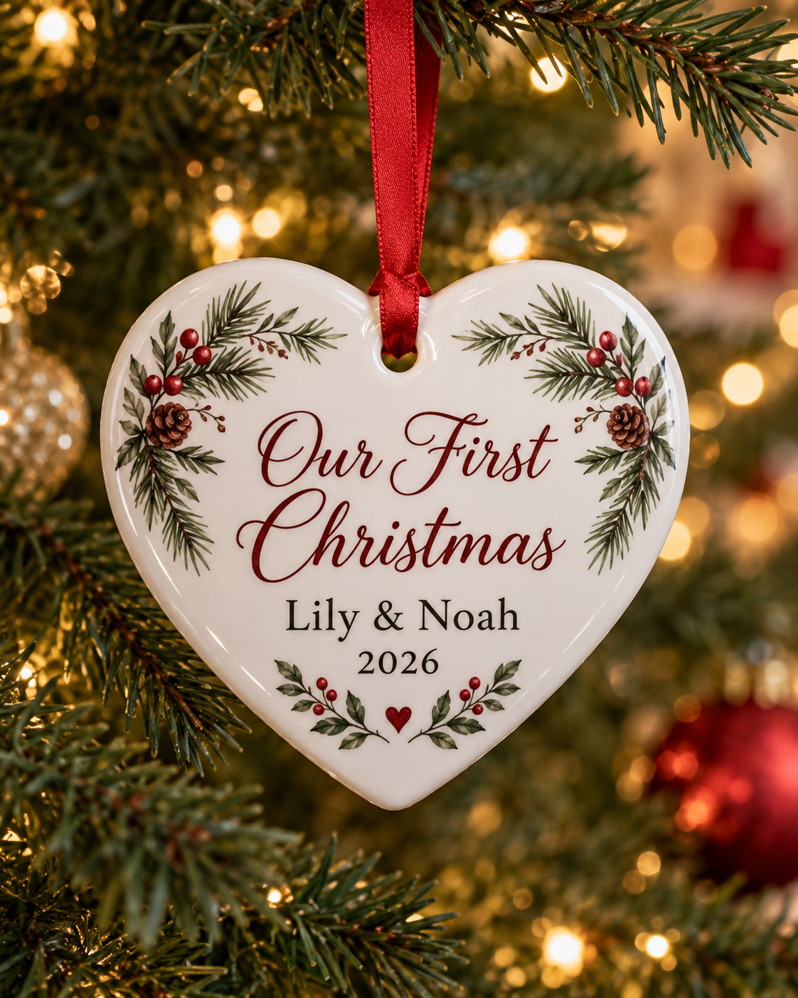 Personalized ceramic heart ornament for a couple's first Christmas with names and year
