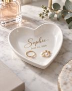 Personalized white ceramic heart trinket tray with gold name and date