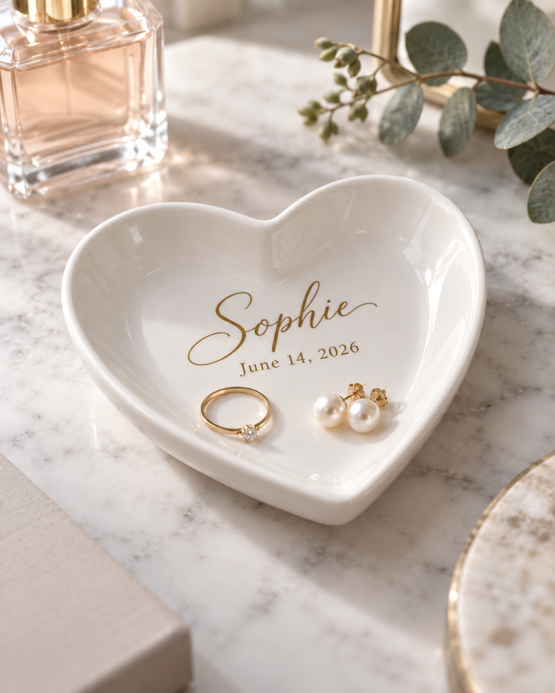 Personalized white ceramic heart trinket tray with gold name and date