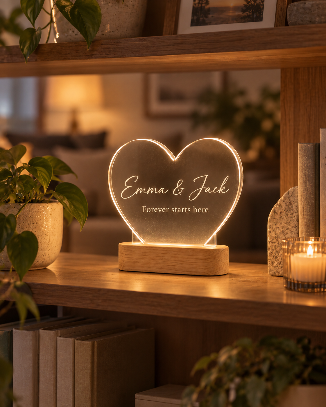 Heart Glow personalized heart night lamp glowing on a living room bookshelf
