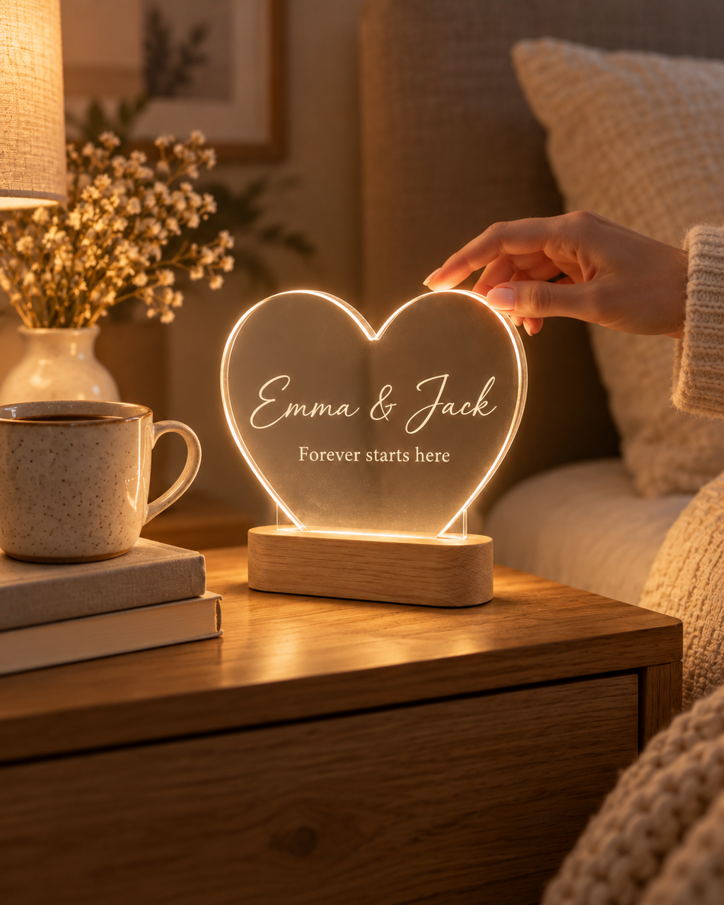Heart Glow lamp on a bedside table next to a mug and books, showing its size