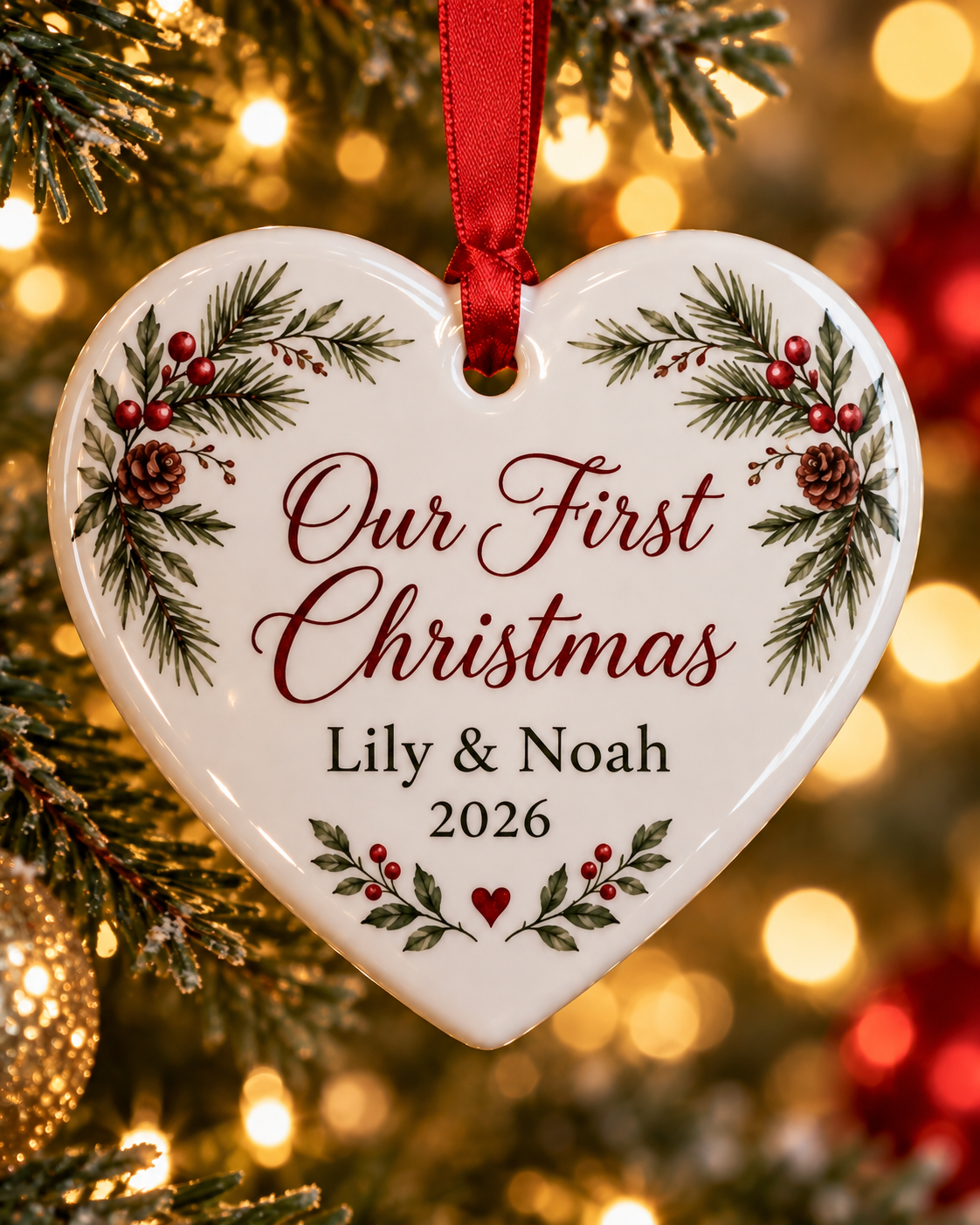 Close-up of the printed names, year and holly design on the heart ornament