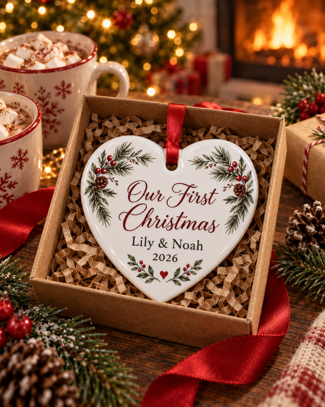 Personalized heart ornament styled with cocoa mugs, pine and Christmas decor by the fireplace