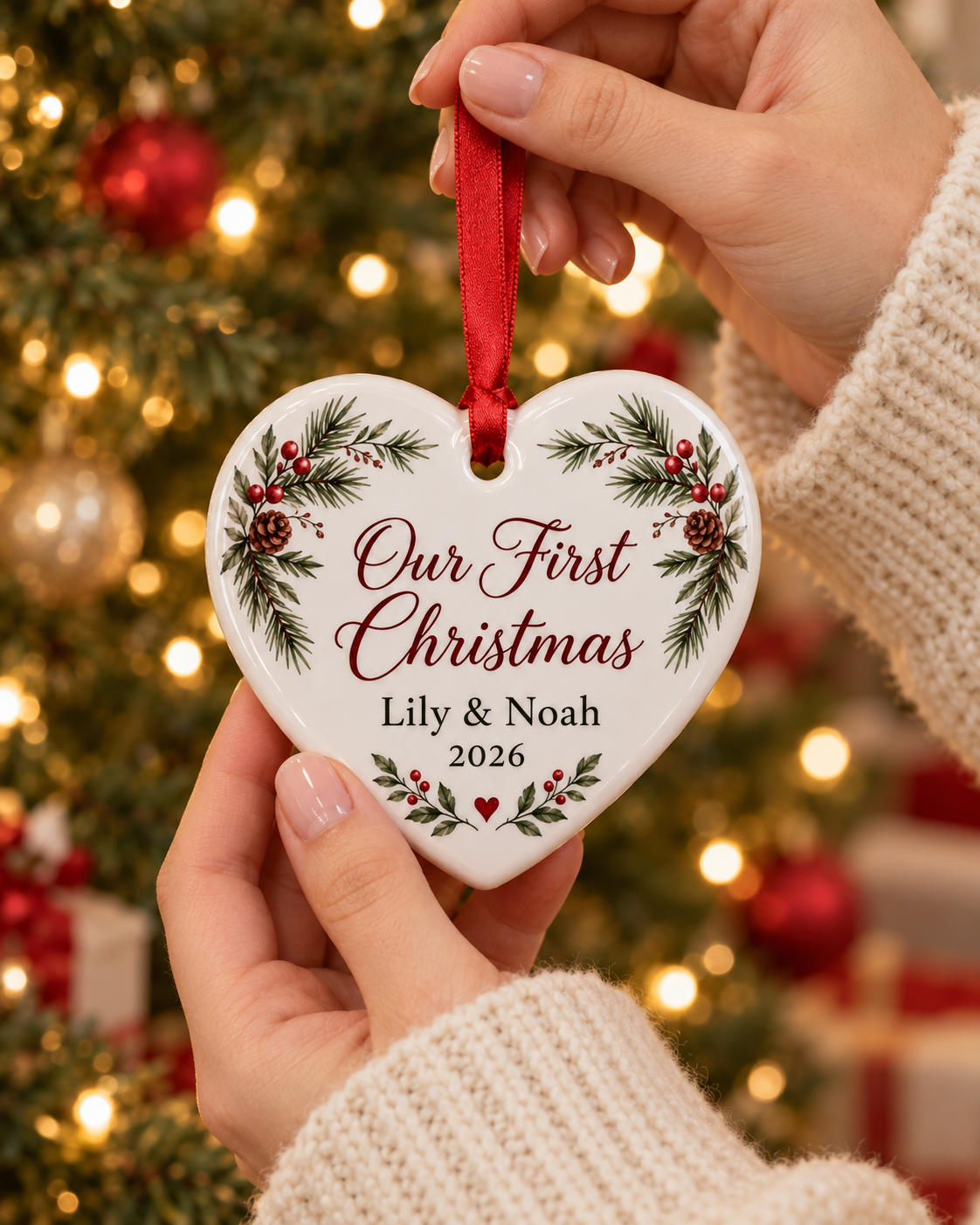 Hands holding the heart ornament by its red ribbon to show its size