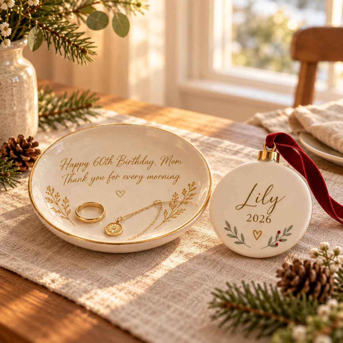 Little Traditions Set: personalized ceramic trinket tray with gold message and a personalized round ceramic Christmas ornament on a table with pine sprigs