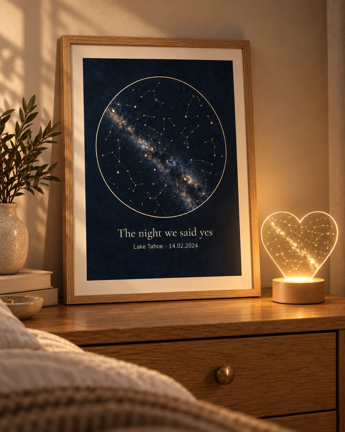 Memory Glow set: framed star map poster with the matching heart acrylic night lamp (shown framed for styling; frame not included — poster ships unframed, rolled in a protective tube)