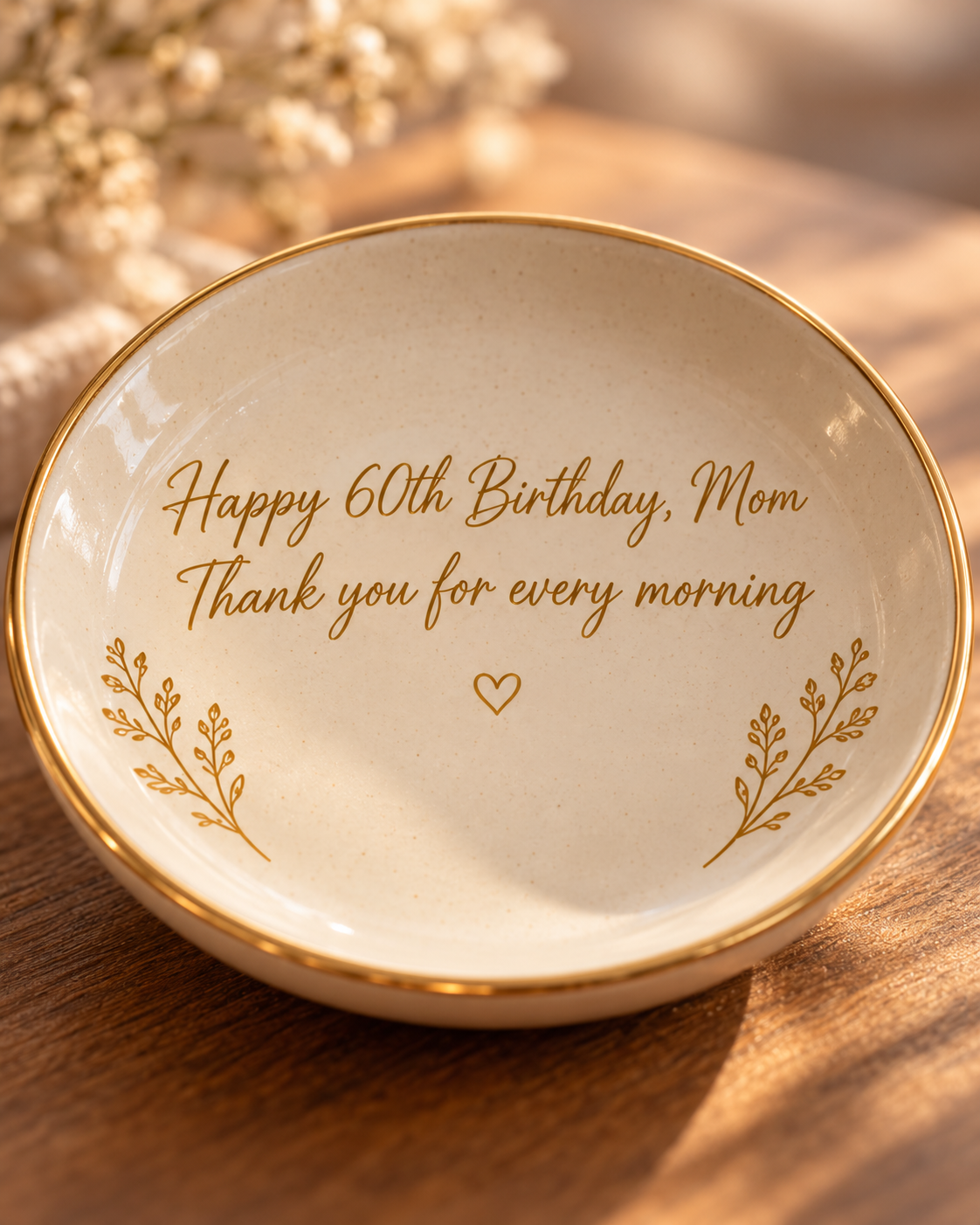 Close-up of the gold script message and gold rim on the Morning Keepsake ceramic trinket tray