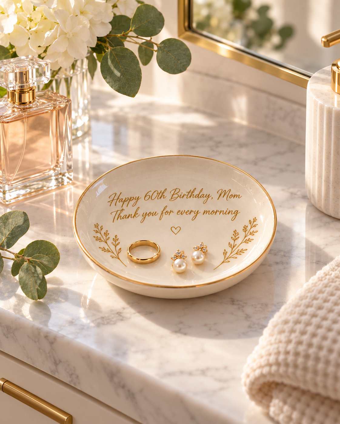 Morning Keepsake personalized trinket tray holding a ring and earrings on a marble vanity