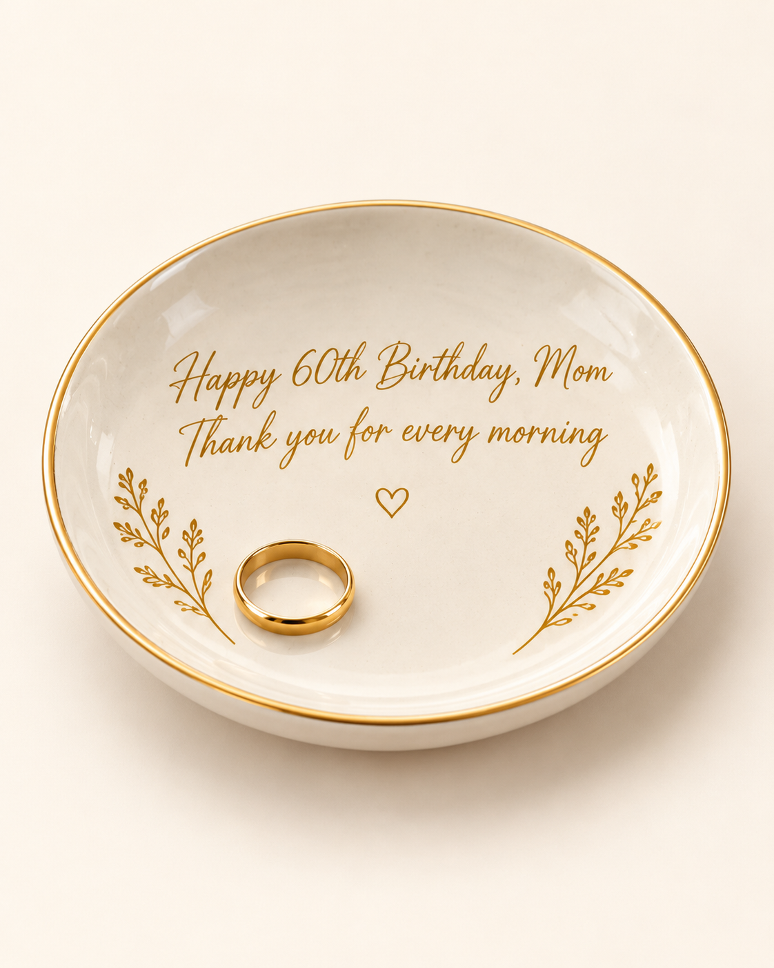 Morning Keepsake personalized ceramic trinket tray with gold rim and gold script message on a plain cream background