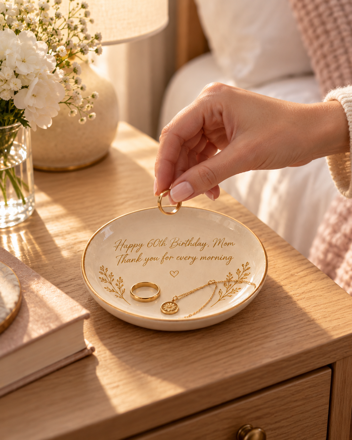 Hand placing a ring into the Morning Keepsake trinket tray on a bedside table, showing its palm-sized scale