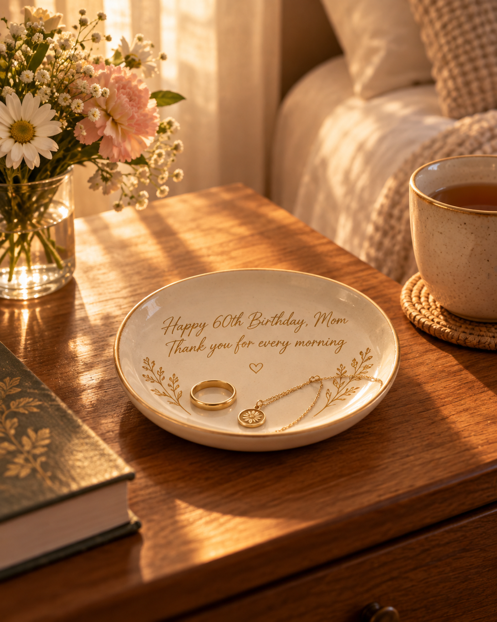Morning Keepsake personalized ceramic trinket tray with gold message on a bedside table