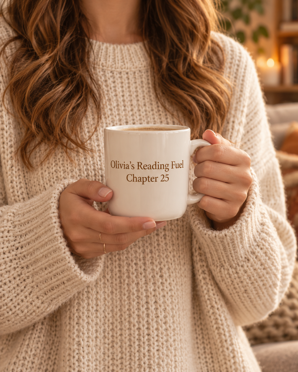 Hands holding the personalized ceramic mug to show its size