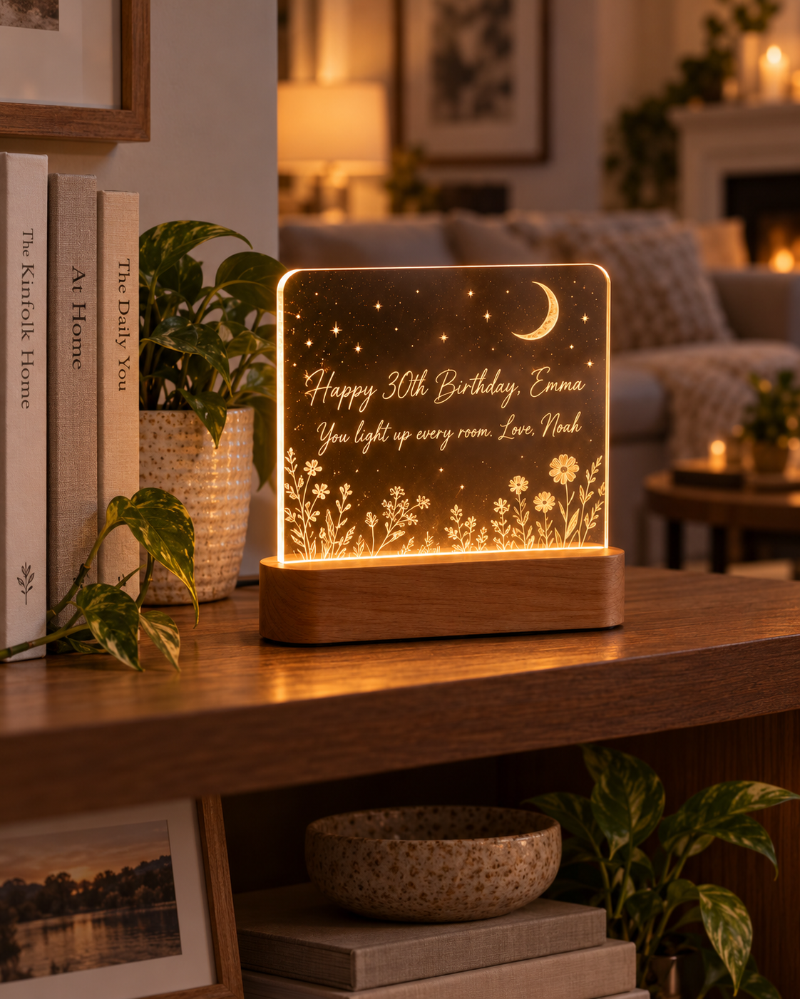 Our Glow personalized LED night light glowing on a living room shelf
