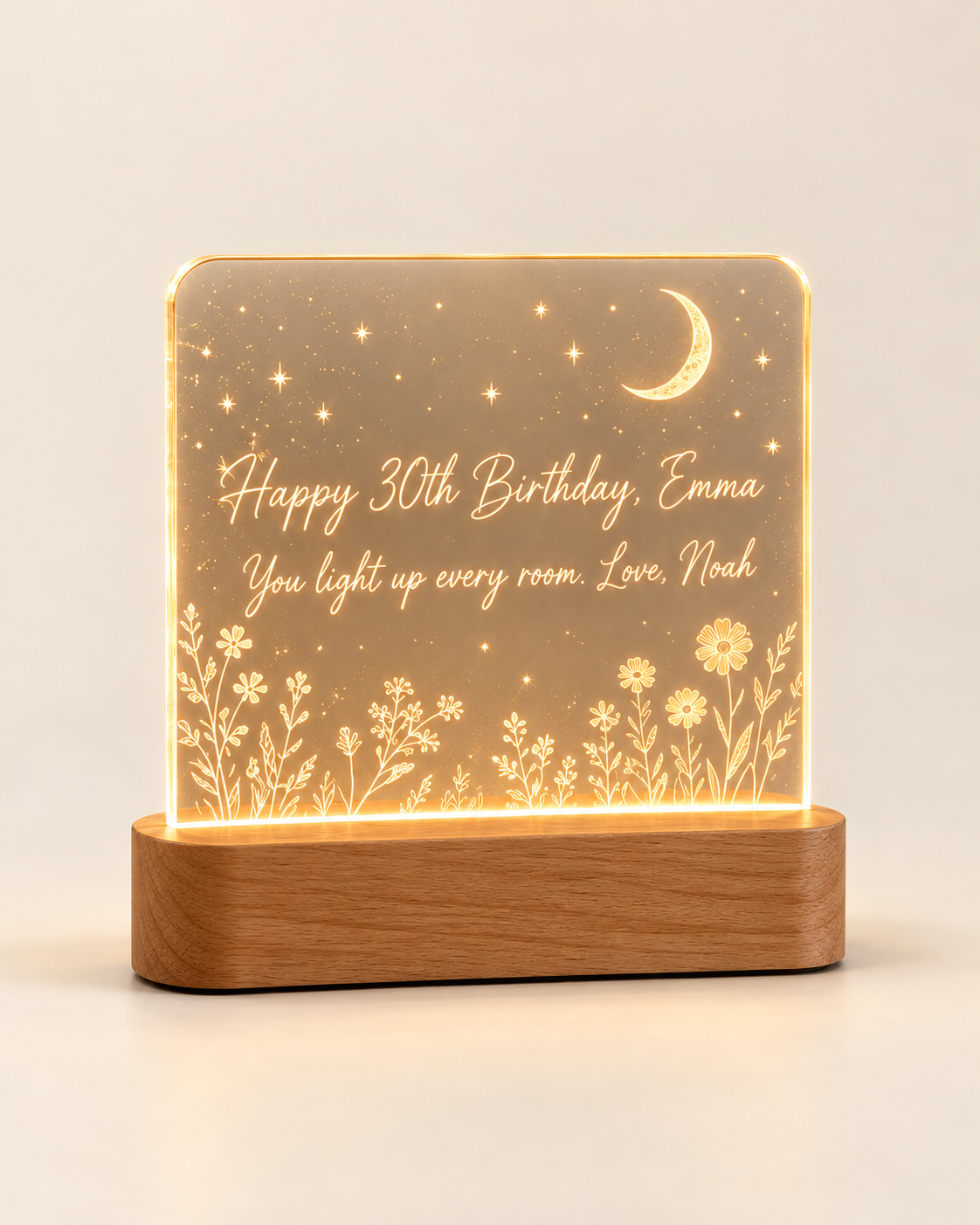 Our Glow personalized acrylic LED night light on plain background