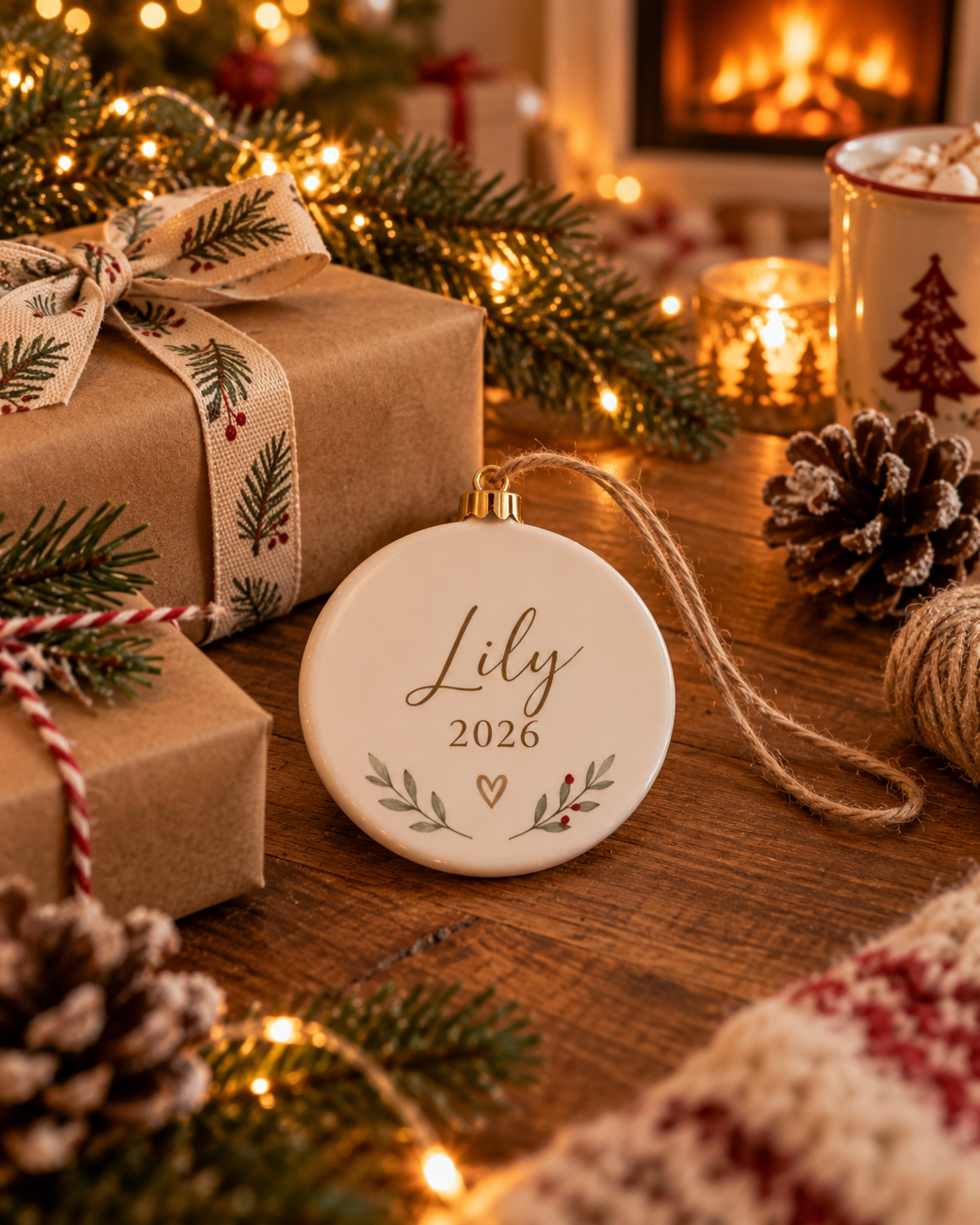 Personalized ceramic Christmas ornament on a wooden table with kraft gift boxes, pine and fairy lights