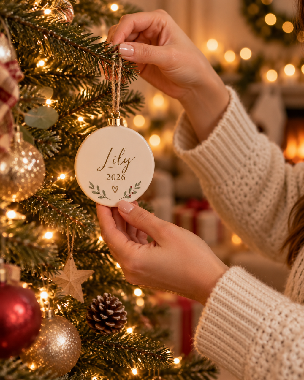 Hand holding the personalized ceramic ornament by its jute string to show its size