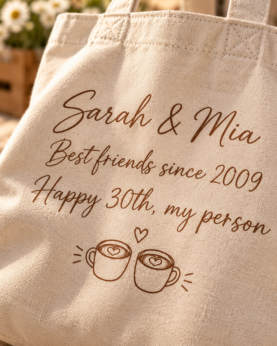Close-up of the printed names, message and canvas weave on the Our Story personalized tote bag