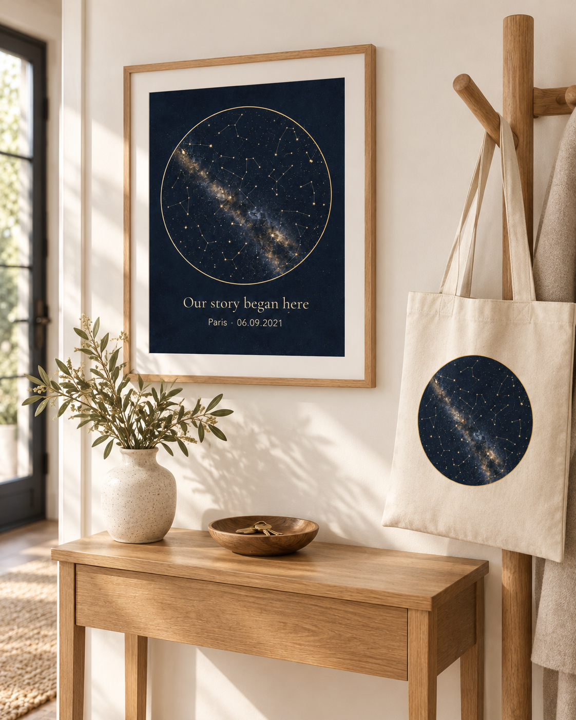 Our Story set: framed star map poster in an entryway with the matching star map tote bag (shown framed for styling; frame not included — poster ships unframed, rolled in a protective tube)