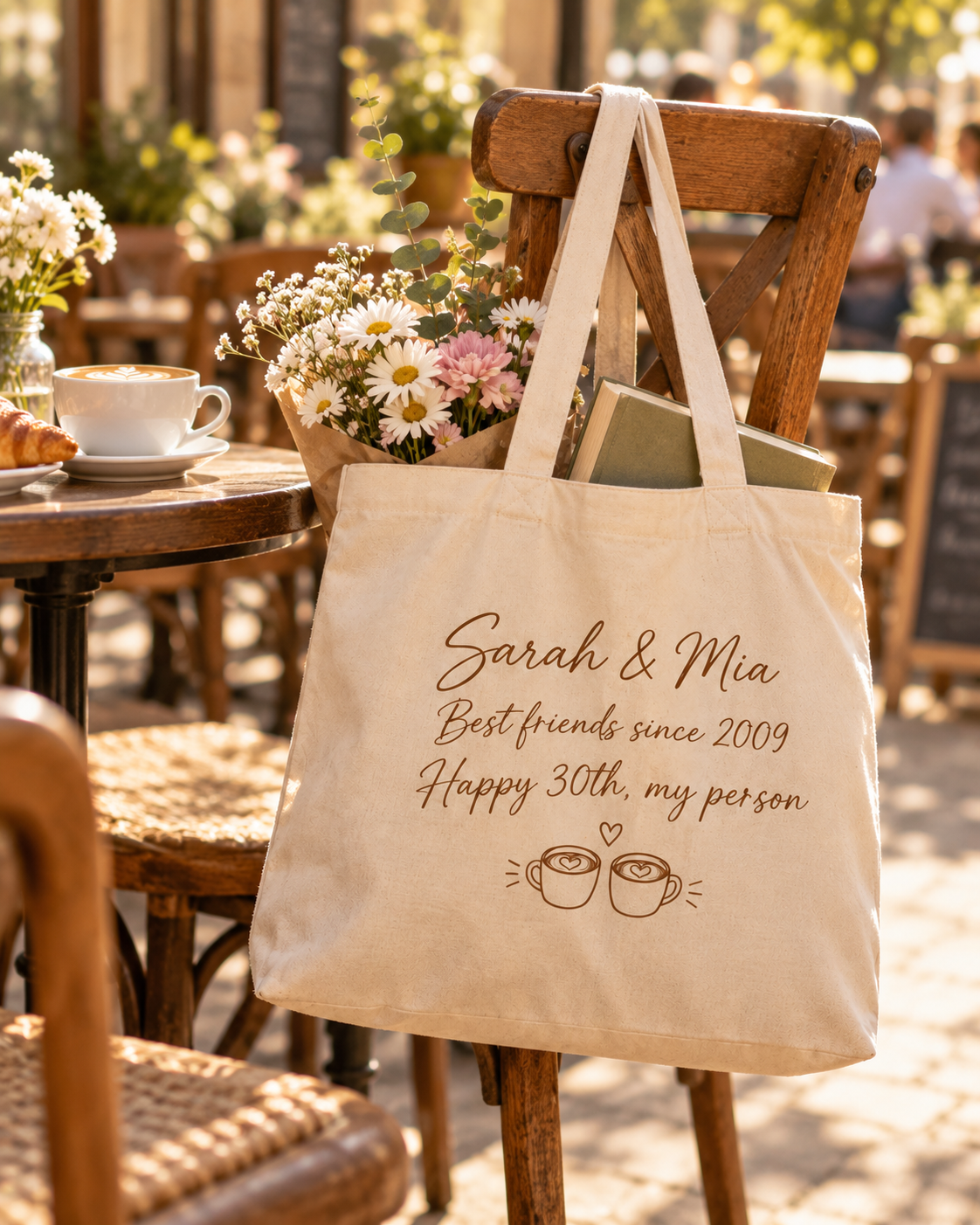 Our Story personalized canvas tote hanging on a cafe chair with a book and flowers inside