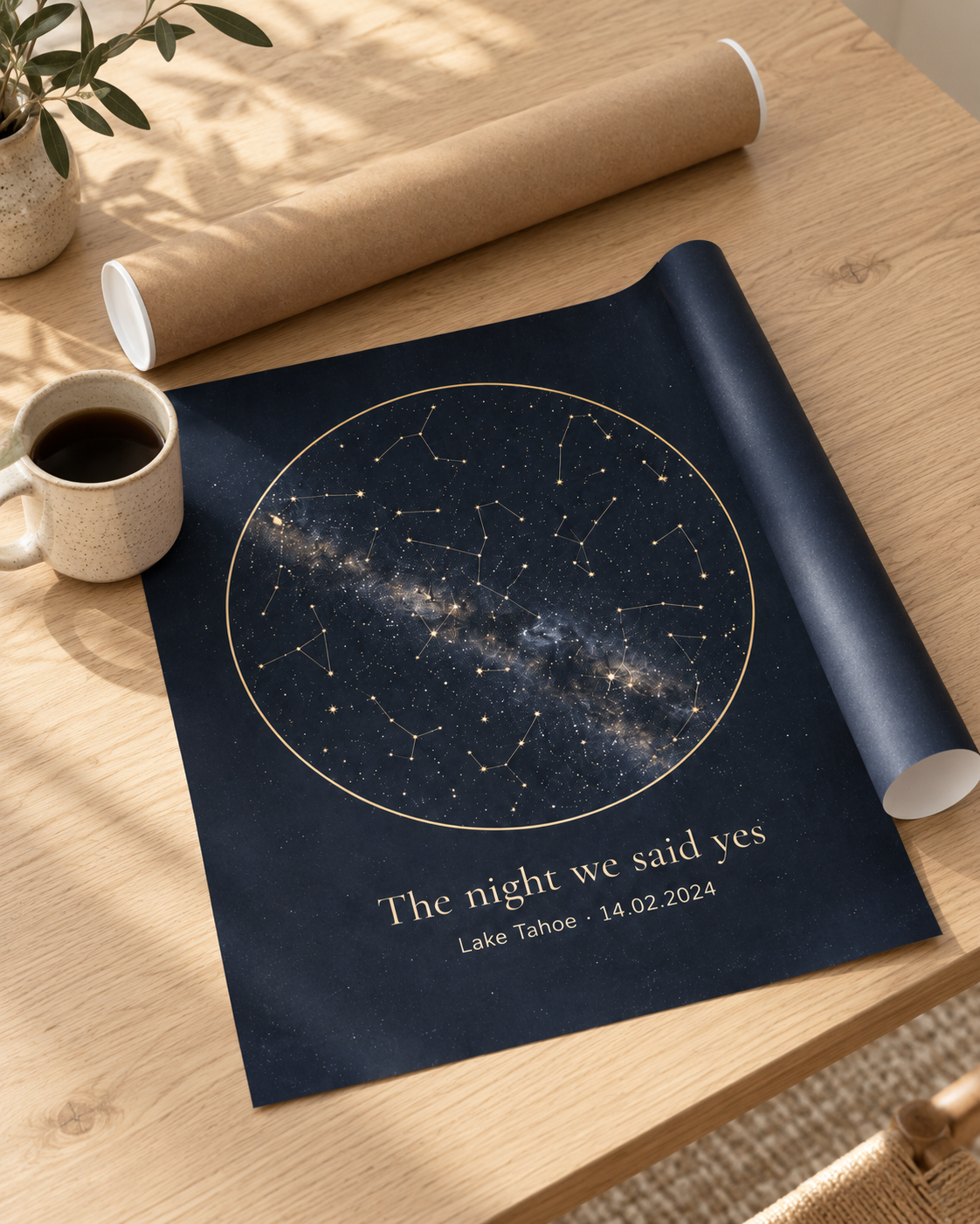 The poster ships rolled in a kraft round tube, unframed — shown unrolled next to the tube