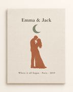 Personalized couple canvas print with names, moon and city date on a plain cream background