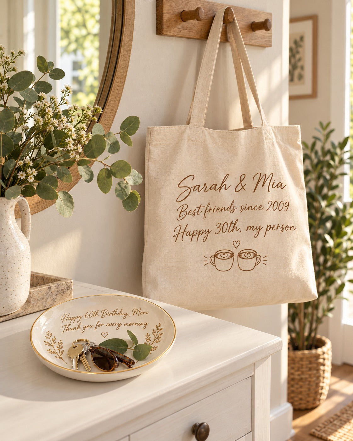 Personalized canvas tote bag reading Sarah & Mia hanging on an entryway hook above a ceramic keepsake dish reading Happy 60th Birthday, Mom holding keys and sunglasses