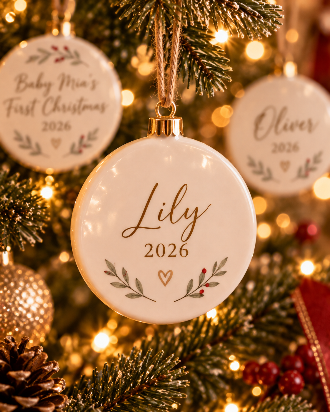 Close-up of the printed name, year and leaf design on a personalized ornament