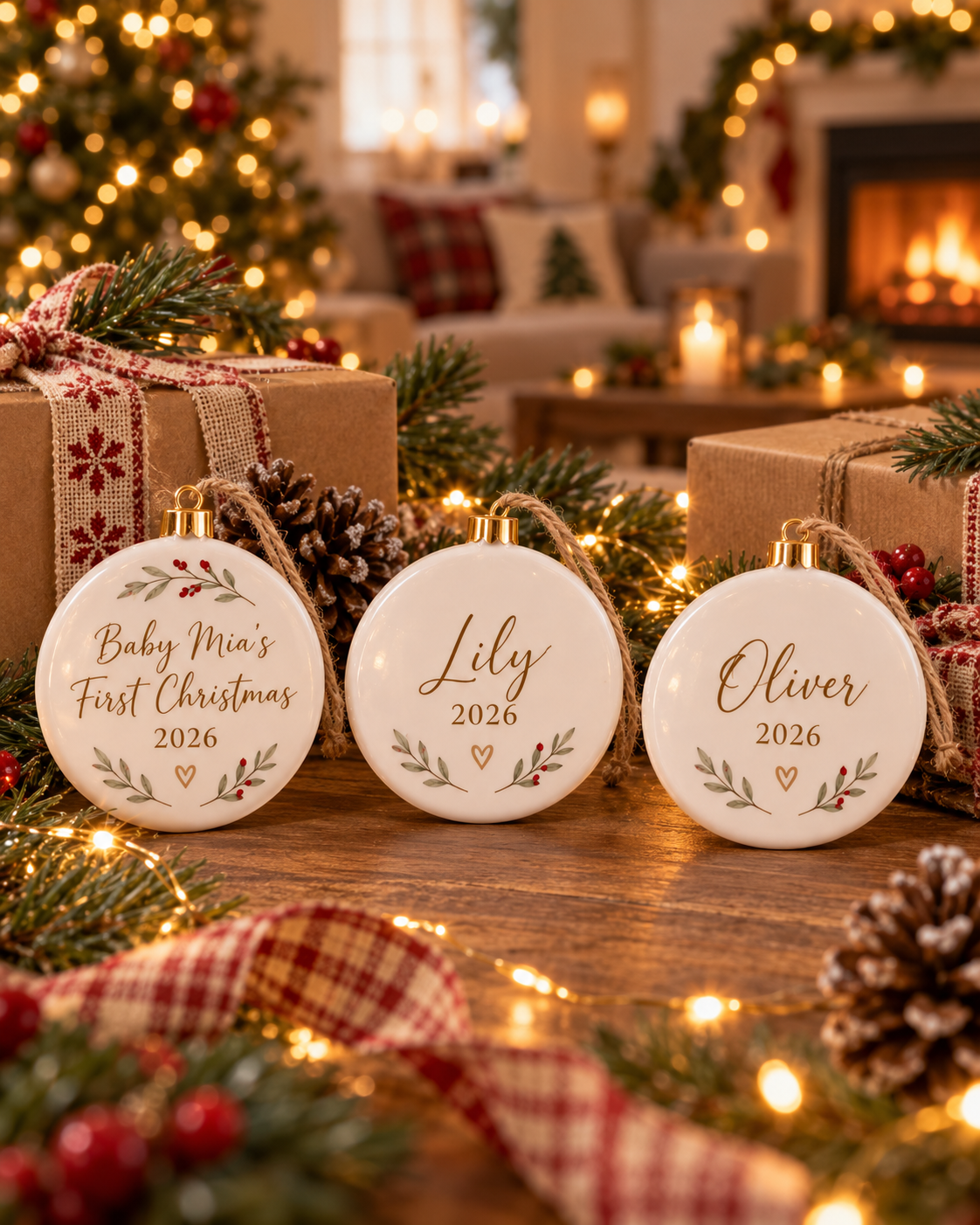 Three personalized ceramic ornaments on a wooden table with kraft gift boxes, pine and fairy lights
