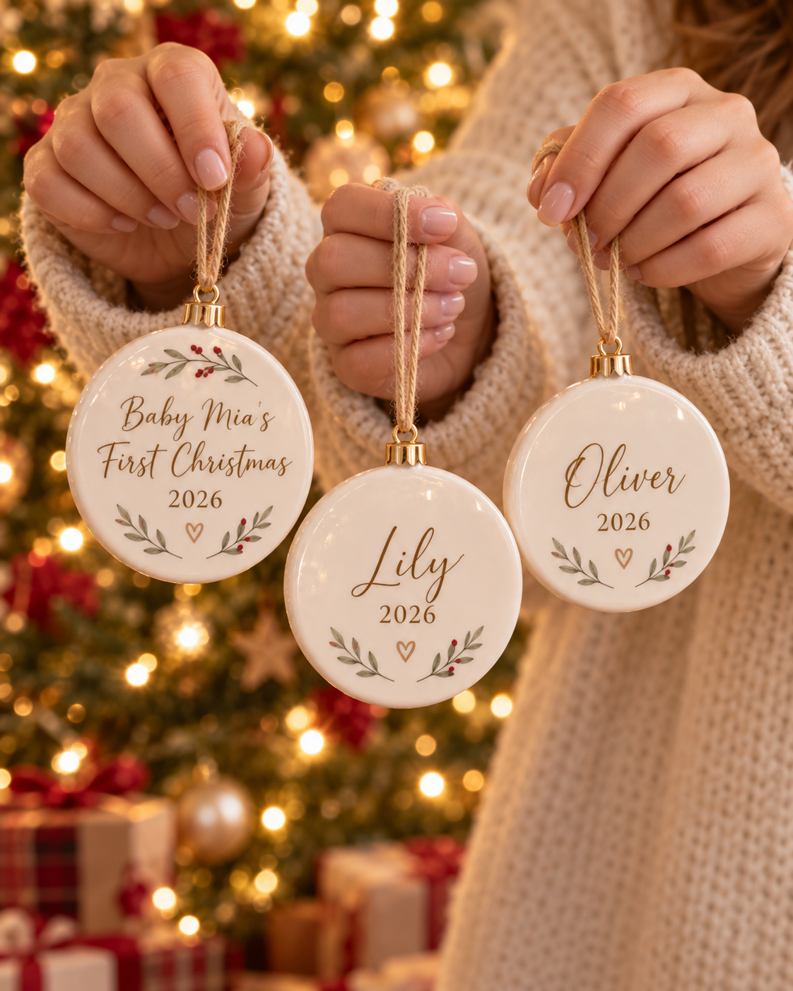 Hands holding the three personalized ornaments to show their size