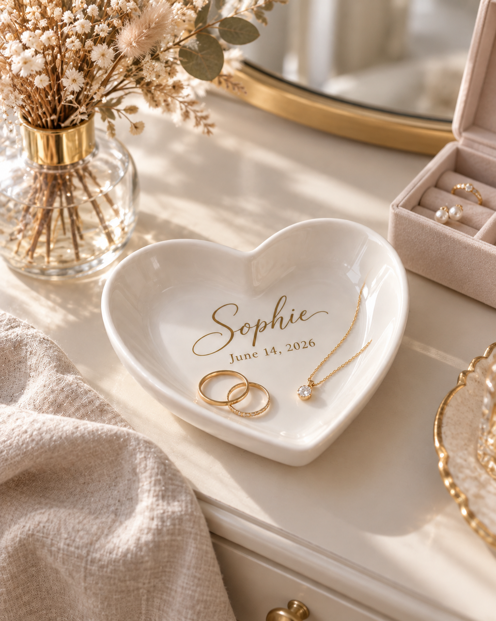 Personalized heart trinket tray holding gold rings and a necklace on a bedroom dresser