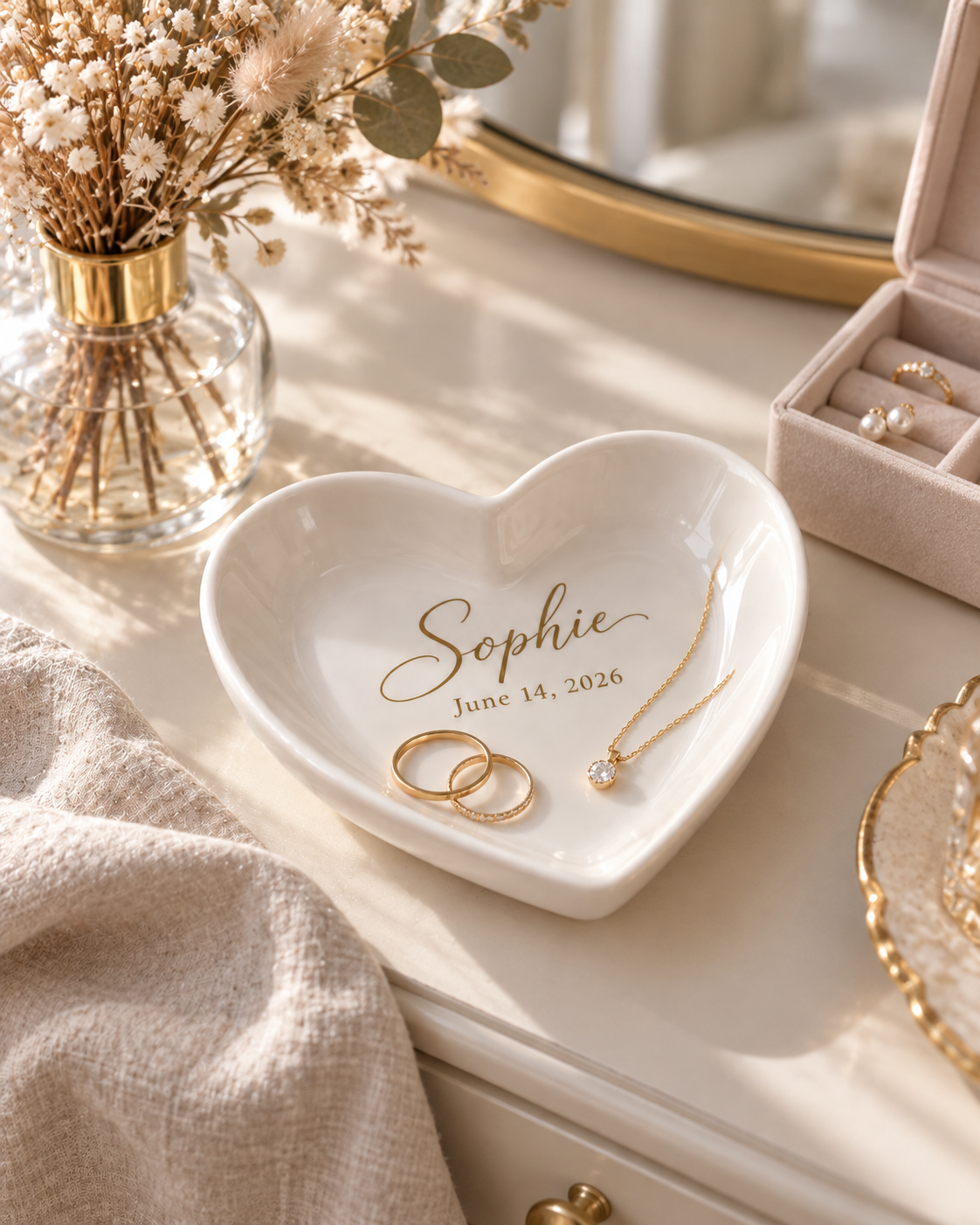 Personalized heart trinket tray holding gold rings and a necklace on a bedroom dresser