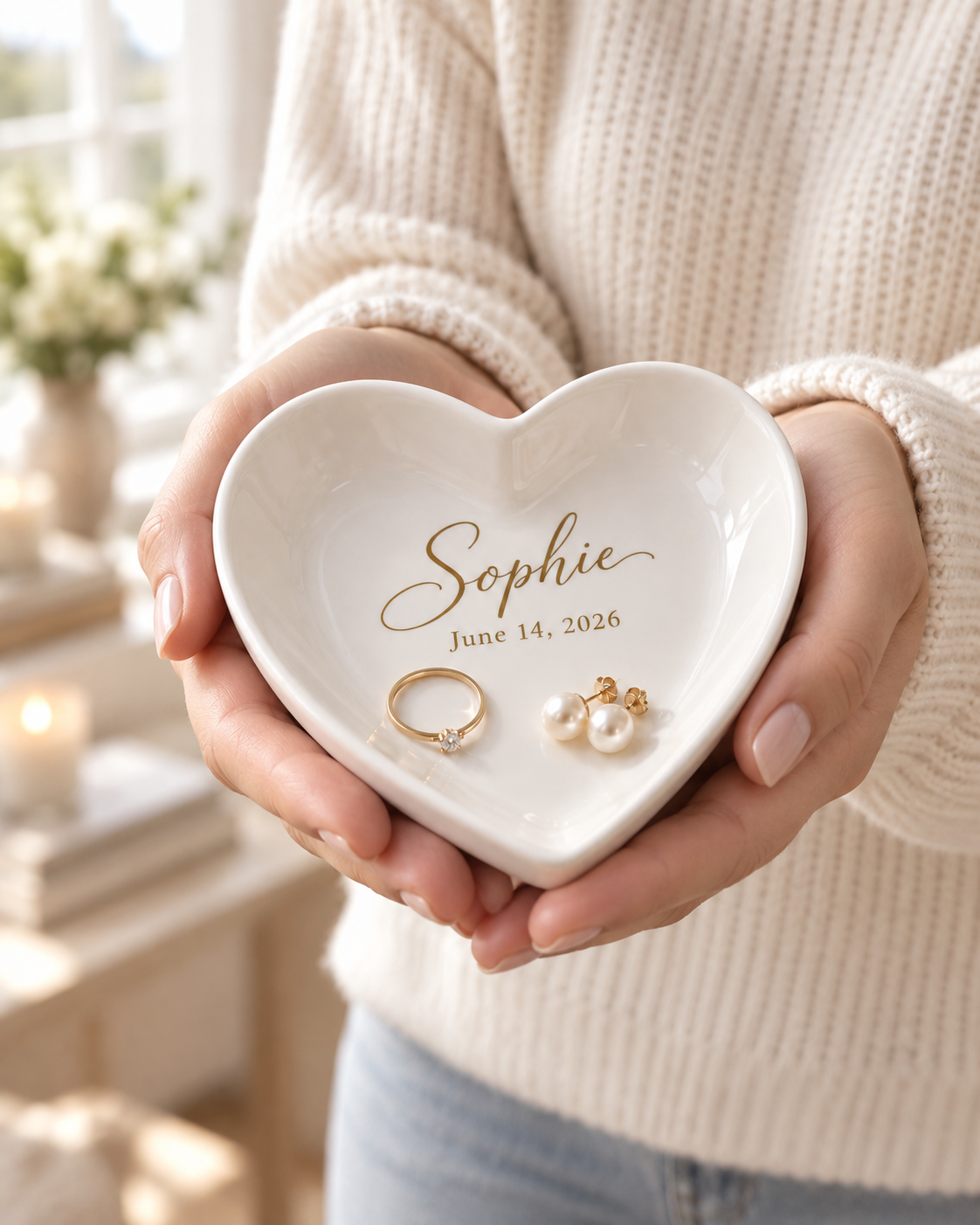 Hands holding the heart trinket tray to show its size