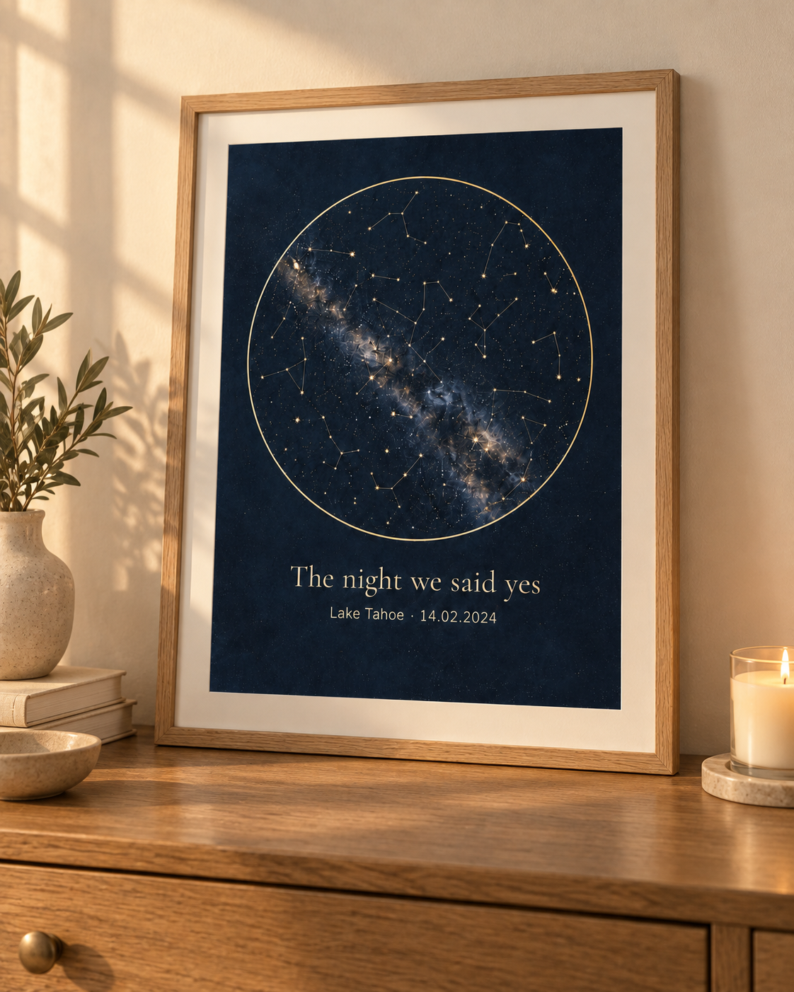 Where We Met star map poster framed on a dresser, close-up detail (shown framed for styling; frame not included — poster ships unframed, rolled in a protective tube)