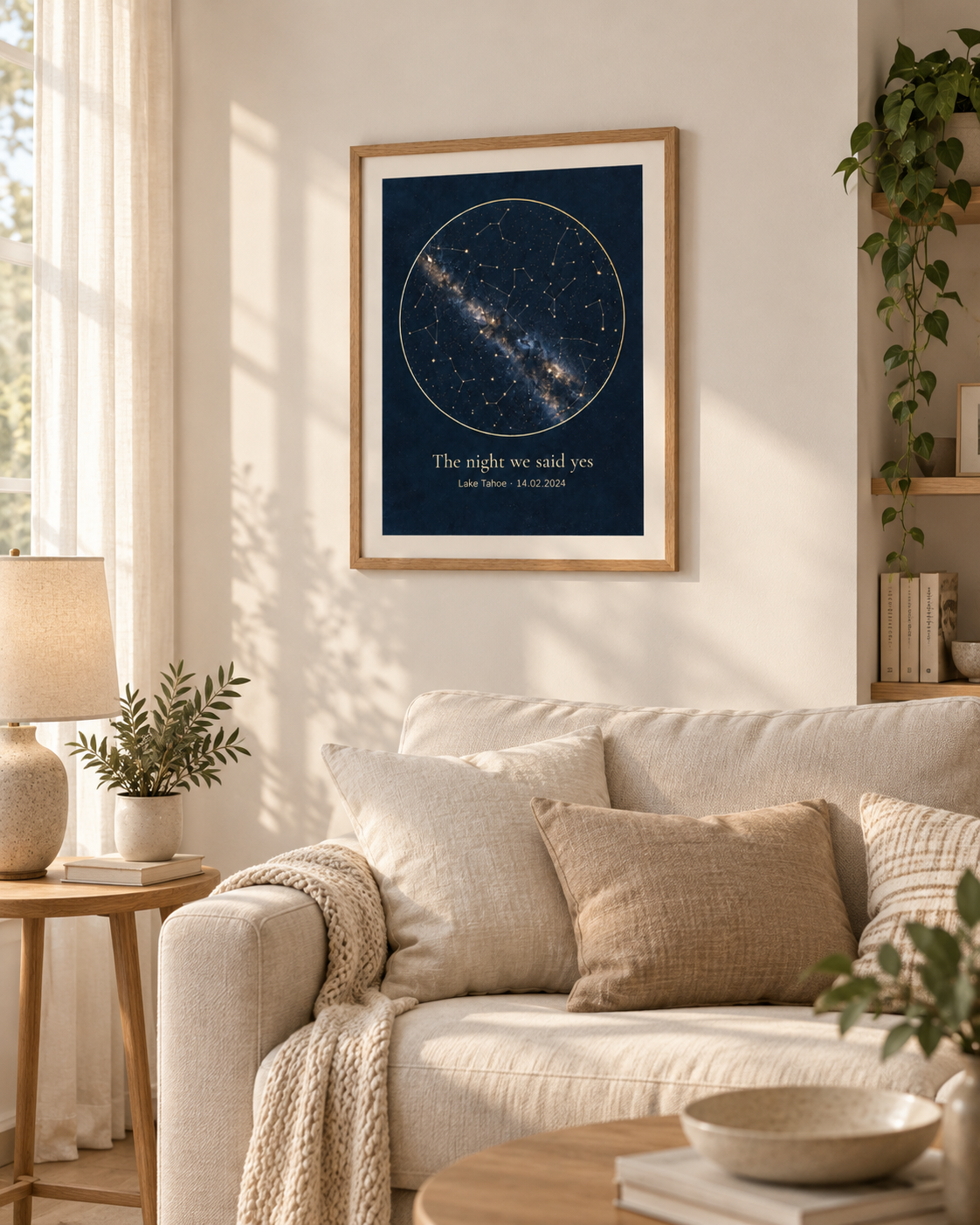 Where We Met star map poster framed above a sofa in a living room (shown framed for styling; frame not included — poster ships unframed, rolled in a protective tube)